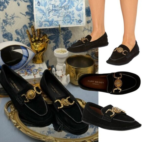 🆕 KURT GEIGER LONDON 🧿 NWOB Mansion Suede Soft Bit Buckle Loafers, Black, Sz 7 - Picture 1 of 13